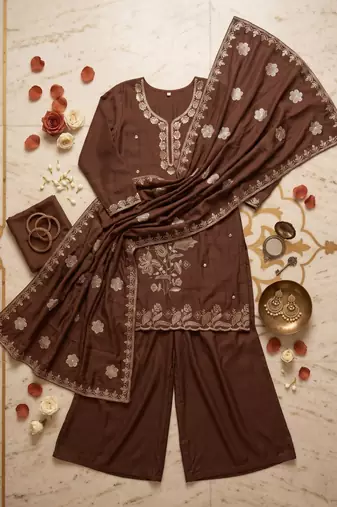 Ethnic Motifs Embroidered Sequinned Scalloped Kurti with Palazzo & Dupatta