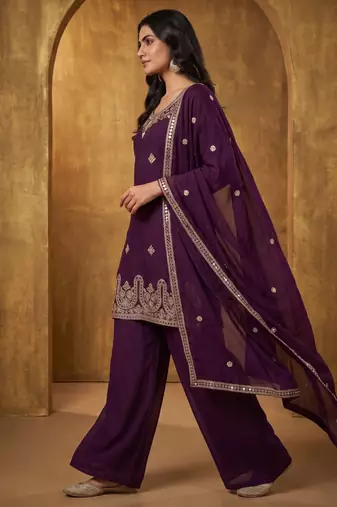 Ethnic Motifs Embroidered Sequined Scalloped Kurti with Palazzo & Dupatta