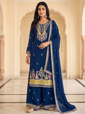 Royal Blue Pakistani Salwar Suit with Palazzo & Dupatta 1