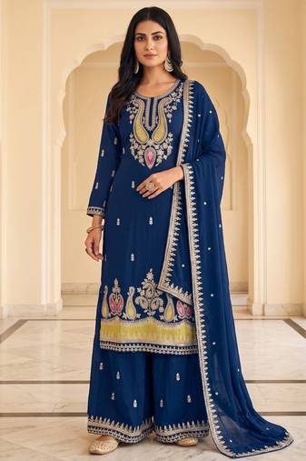 Royal Blue Pakistani Salwar Suit with Palazzo & Dupatta