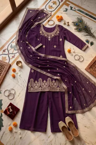 Ethnic Motifs Embroidered Sequined Scalloped Kurti with Palazzo & Dupatta