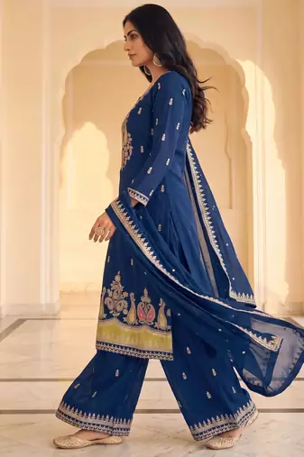 Royal Blue Pakistani Salwar Suit with Palazzo & Dupatta