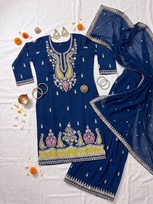Royal Blue Pakistani Salwar Suit with Palazzo & Dupatta 4