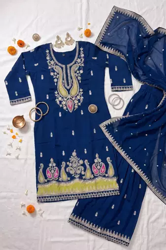 Royal Blue Pakistani Salwar Suit with Palazzo & Dupatta