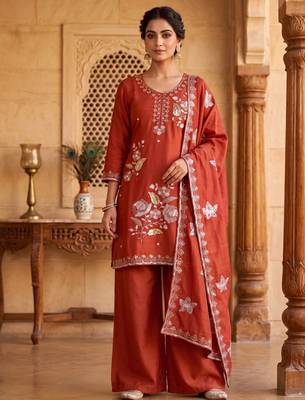 Ethnic Motifs Embroidered Sequined Scalloped Kurti with Palazzo & Dupatta 1