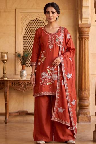 Ethnic Motifs Embroidered Sequined Scalloped Kurti with Palazzo & Dupatta