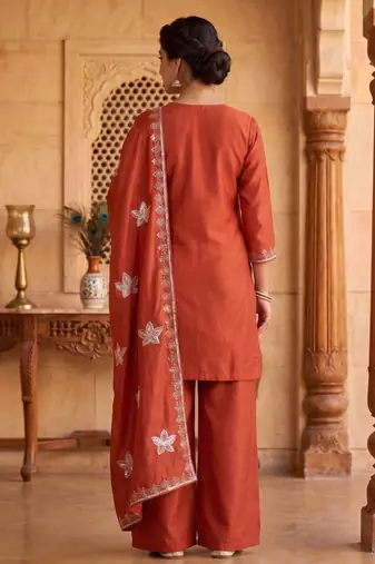 Ethnic Motifs Embroidered Sequined Scalloped Kurti with Palazzo & Dupatta