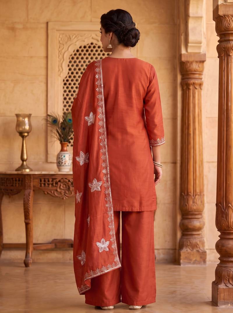 Ethnic Motifs Embroidered Sequined Scalloped Kurti with Palazzo & Dupatta