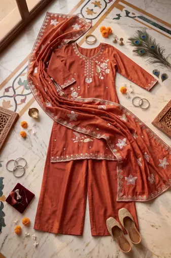 Ethnic Motifs Embroidered Sequined Scalloped Kurti with Palazzo & Dupatta