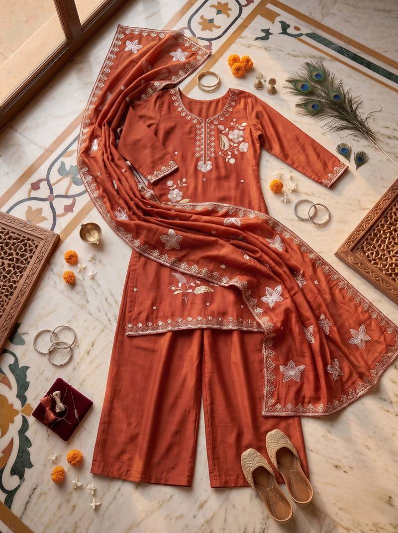 Ethnic Motifs Embroidered Sequined Scalloped Kurti with Palazzo & Dupatta