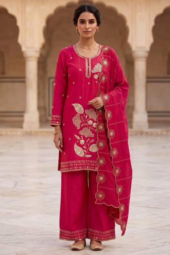 Ethnic Motifs Embroidered Sequined Scalloped Kurti with Palazzo & Dupatta