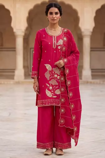 Ethnic Motifs Embroidered Sequined Scalloped Kurti with Palazzo & Dupatta