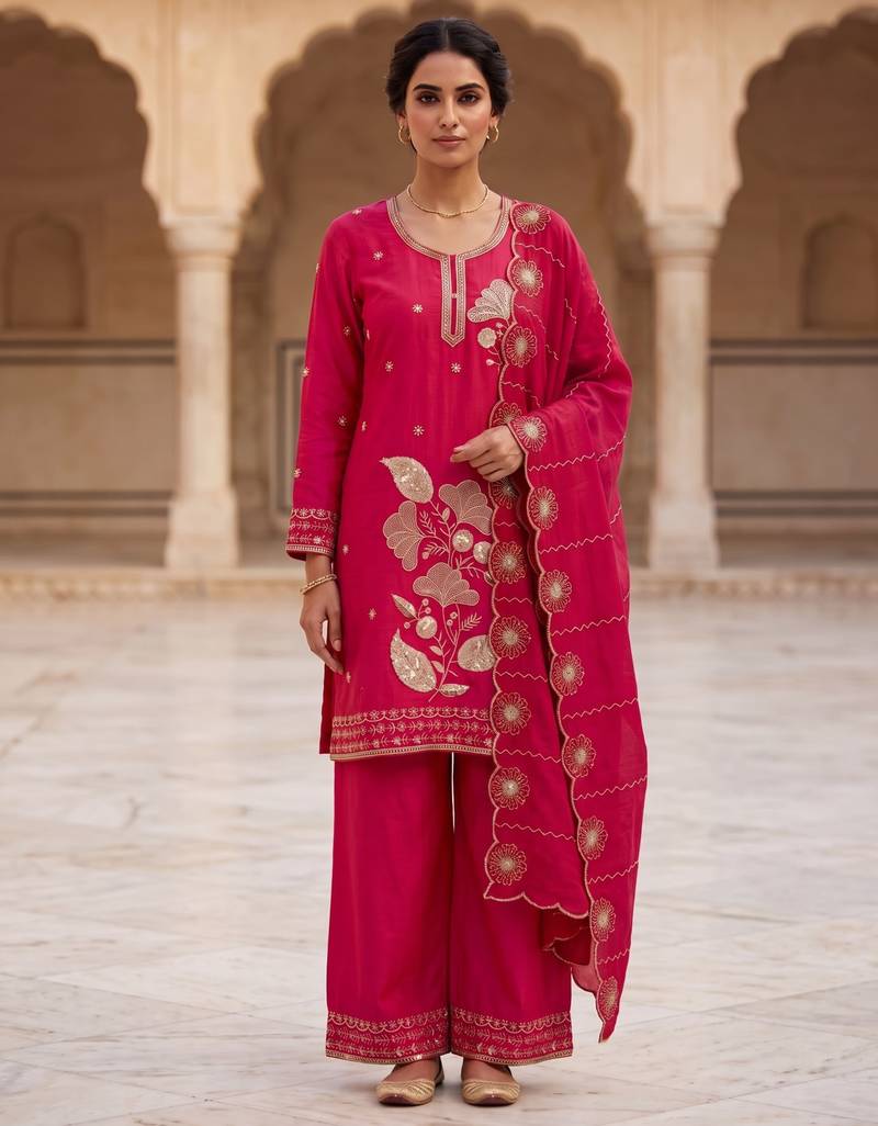 Ethnic Motifs Embroidered Sequined Scalloped Kurti with Palazzo & Dupatta
