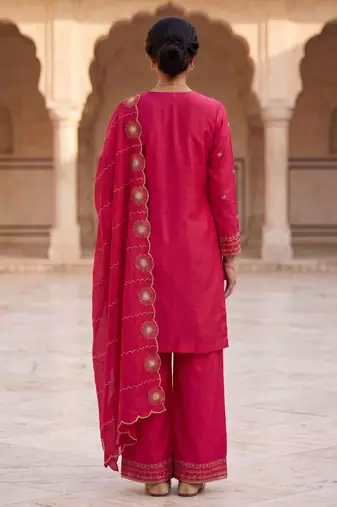 Ethnic Motifs Embroidered Sequined Scalloped Kurti with Palazzo & Dupatta