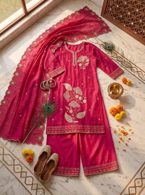 Ethnic Motifs Embroidered Sequined Scalloped Kurti with Palazzo & Dupatta 4