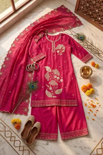 Ethnic Motifs Embroidered Sequined Scalloped Kurti with Palazzo & Dupatta