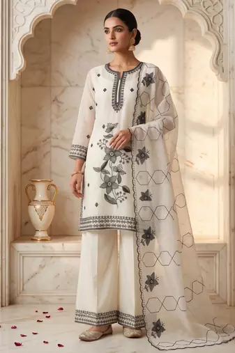 Ethnic Motifs Embroidered Sequined Scalloped Kurti Palazzo Set with Dupatta