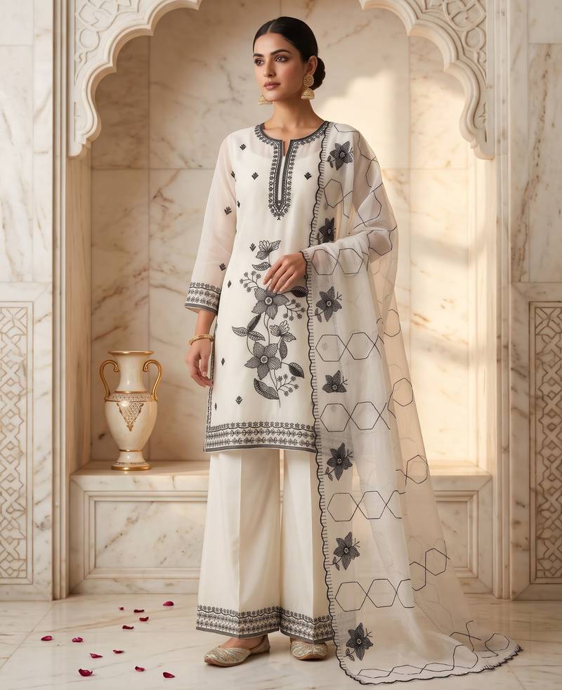 Ethnic Motifs Embroidered Sequined Scalloped Kurti Palazzo Set with Dupatta