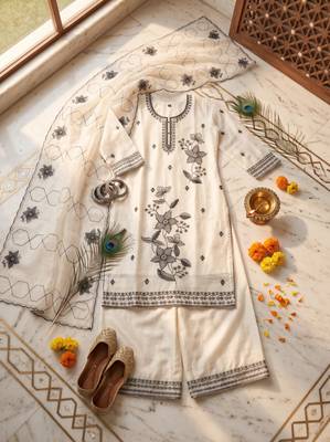 Ethnic Motifs Embroidered Sequined Scalloped Kurti Palazzo Set with Dupatta 4