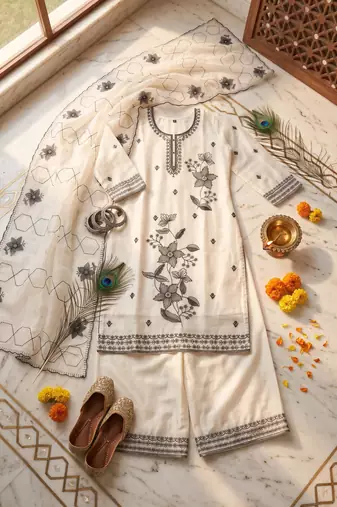 Ethnic Motifs Embroidered Sequined Scalloped Kurti Palazzo Set with Dupatta