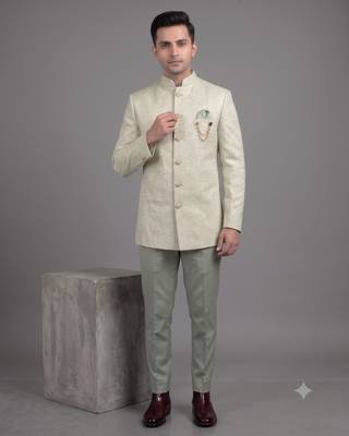 Pista green jacquard bandhgala suit for men 1