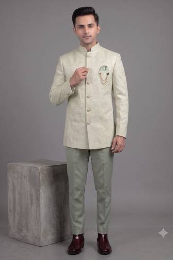 Pista green jacquard bandhgala suit for men