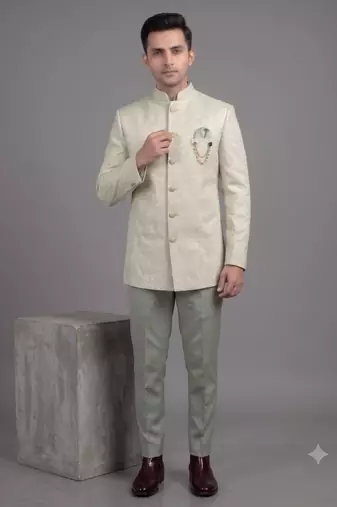 Pista green jacquard bandhgala suit for men