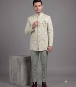 Pista green jacquard bandhgala suit for men