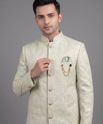 Pista green jacquard bandhgala suit for men 2