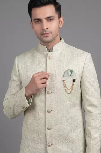 Pista green jacquard bandhgala suit for men