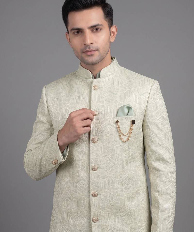 Pista green jacquard bandhgala suit for men
