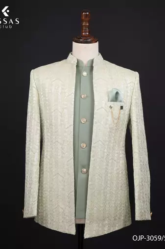 Pista green jacquard bandhgala suit for men