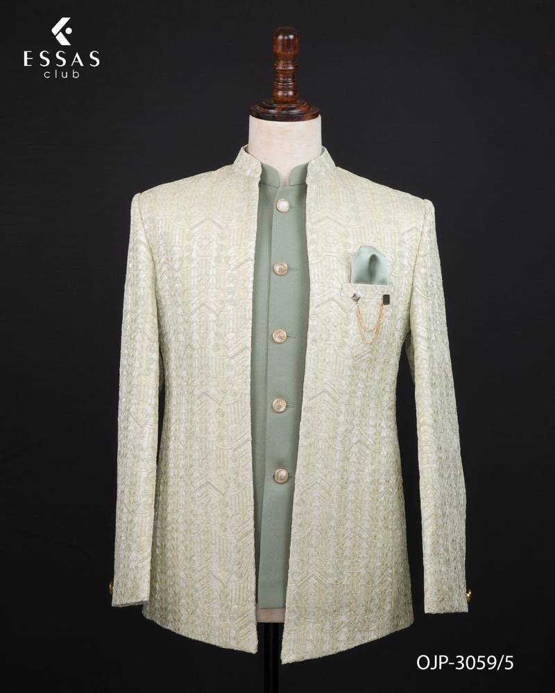 Pista green jacquard bandhgala suit for men