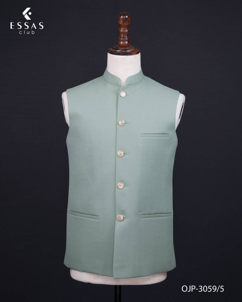 Pista green jacquard bandhgala suit for men