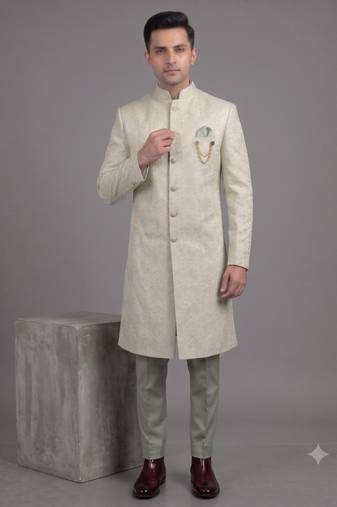 Pista green jacquard nawabi suit for men