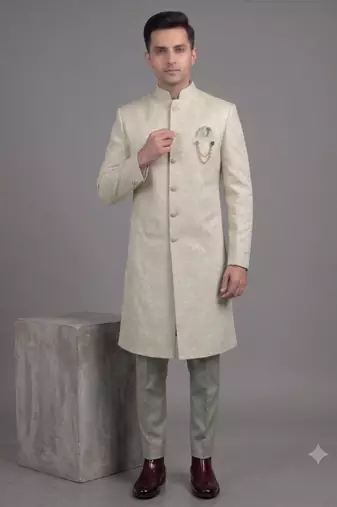 Pista green jacquard nawabi suit for men