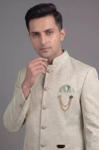 Pista green jacquard nawabi suit for men