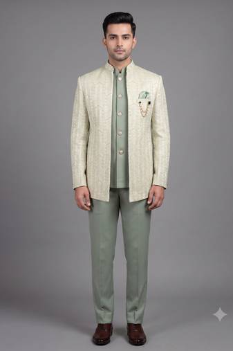Pista green jacquard open jodhpuri suit for men