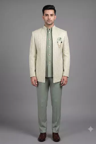 Pista green jacquard open jodhpuri suit for men