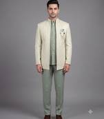 Pista green jacquard open jodhpuri suit for men