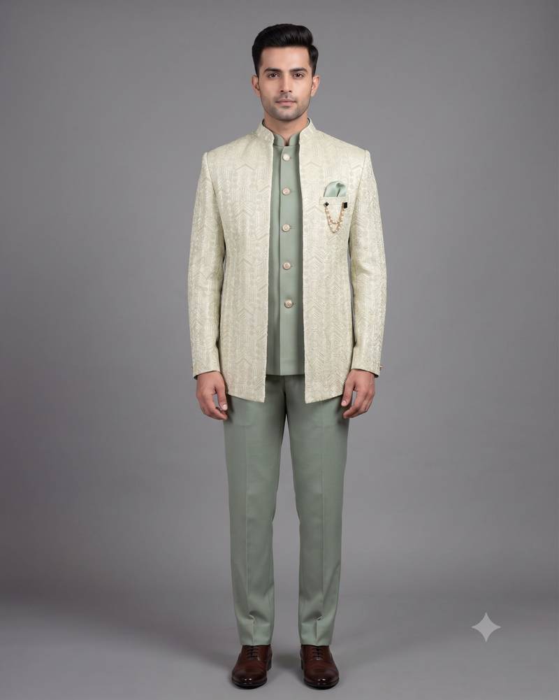 Pista green jacquard open jodhpuri suit for men