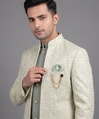Pista green jacquard open jodhpuri suit for men 2