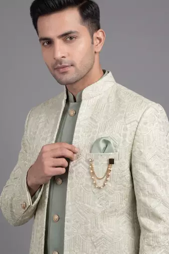 Pista green jacquard open jodhpuri suit for men