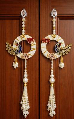 decorative shubh labh peacock pearl hanging for home entrance mandir decor traditional decoration (pack of 2)  1