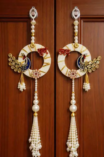 decorative shubh labh peacock pearl hanging for home entrance mandir decor traditional decoration (pack of 2) 