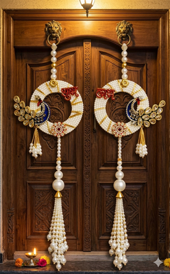 decorative shubh labh peacock pearl hanging for home entrance mandir decor traditional decoration (pack of 2)  2