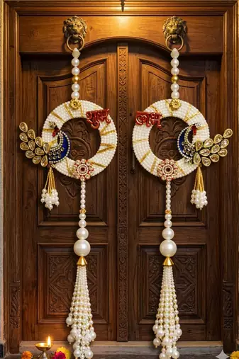 decorative shubh labh peacock pearl hanging for home entrance mandir decor traditional decoration (pack of 2) 