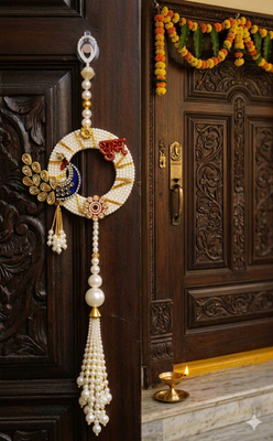 decorative shubh labh peacock pearl hanging for home entrance mandir decor traditional decoration (pack of 2)  3