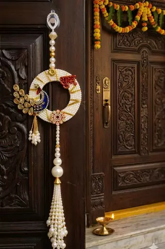 decorative shubh labh peacock pearl hanging for home entrance mandir decor traditional decoration (pack of 2) 