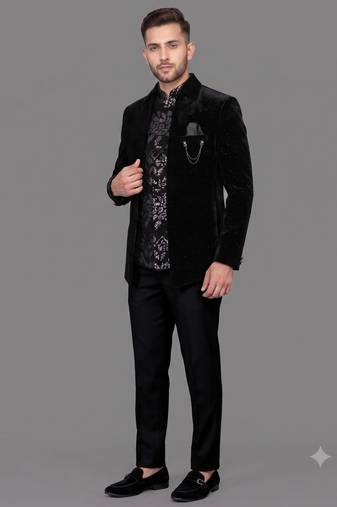 Black micro velvet open jodhpuri suit for men